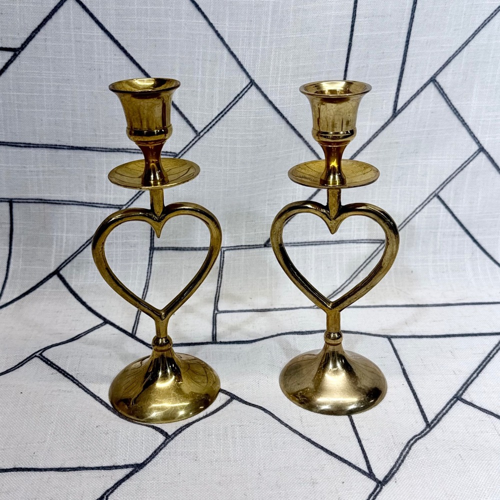 Unbranded Brass Candlestick Holders 7.5in Gold Vintage Heart Shape Set of 2
